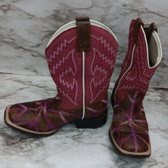 ARIAT Girls Twisted Tycoon Western Boot Size 11 Square Toe Pink Brown Leather - Picture 1 of 9